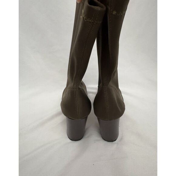 Womens Olive Green Sock Fit Boots Block Mid High Heel Stretchy Lycra 9 Sexy - Picture 5 of 8